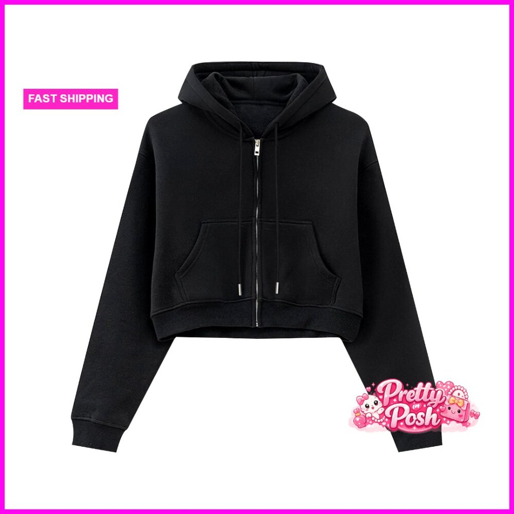 Fleece Lined Zip Up Hoodie Cropped with Drawstring and Pockets